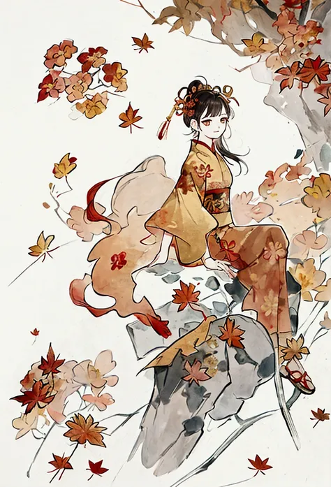 A poster , featuring an illustration of maple leaves, representing autumn in the style of traditional Chinese art. The background is a light brown stone rock texture, with yellow as its main color tone. It was created using vector graphics to achieve a fla...