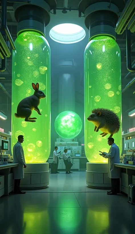 A near-future laboratory scene featuring three massive capsules filled with glowing green liquid, facing each other. The left capsule contains a rabbit and the right capsule contains a hedgehog, both in their natural forms, floating inside the capsules. In...