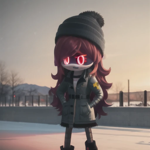 android, robot, mechanical arm, glowing, red eyes, red hair, beanie, worker drone, long hair, spiky hair, solo, standing, black ...