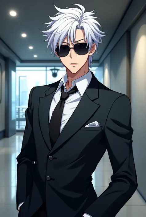 (anime) a guys with white hair and sunglasses with a businesss suit
