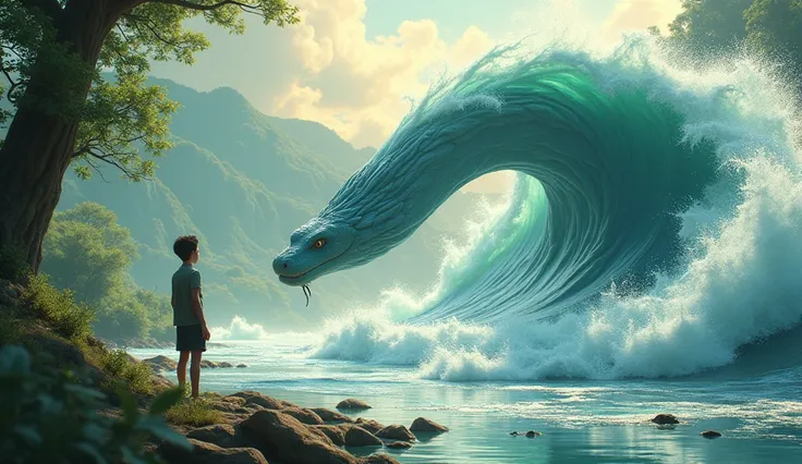 A stunningly detailed high-contrast 3D rendering 
The serpent being swept away by a powerful wave created by Finn’s wind. Finn stands on the riverbank, watching as the creature is carried far away.*
  the scene is bathed in a soft, sweet colored day light,...