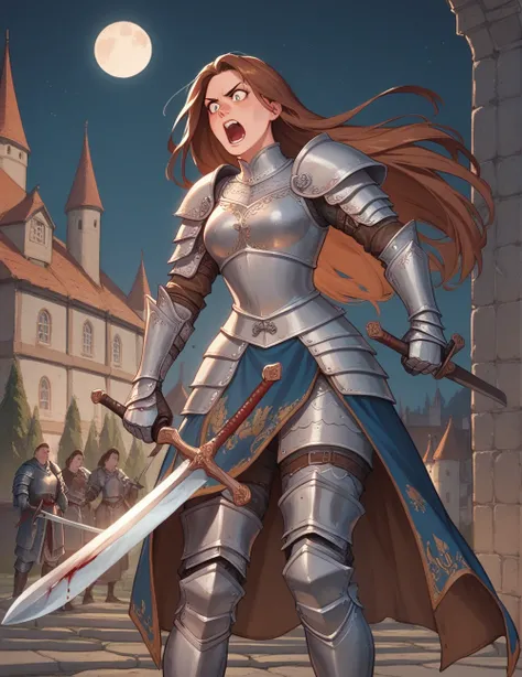 1woman, very long brown hair, wielding sword in left arm, dressed in medieval armor, shouting, armored thighs, armor on legs, leg armor, medieval buildings in background, at night, moon in background, dark, castle, blood on blade, 