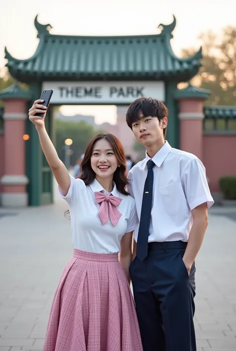 A photo of a Korean couple in their 20s taking a commemorative photo in front of the theme park entrance. Behind the back is the gate-like entrance to the theme park. The woman has a very excited face, and the man has a disapproving expression that relucta...