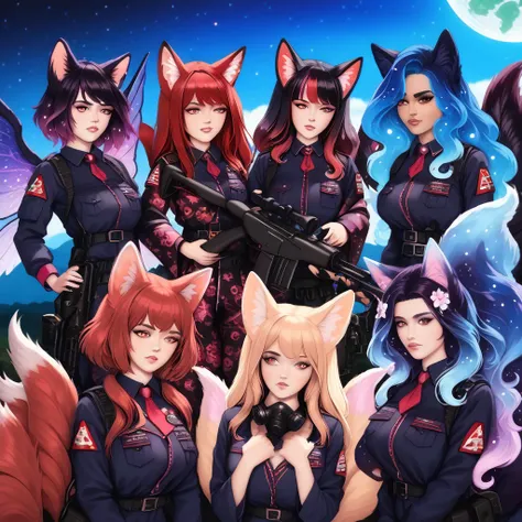 (4 girls in a cosmic sky on a hill, black hole in background, cat girl with tactical outfit holding rifle, curious face and red ...