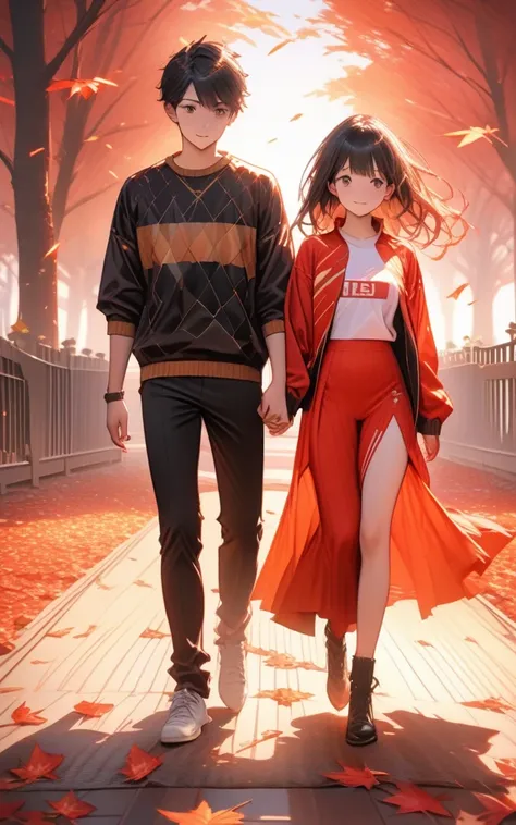 "Walking through a carpet of fallen leaves"
prompt: "Hyper-detailed nano-textured student couple in 8K resolution, showcasing intricate jersey fabric textures and vibrant red and gold fallen leaves. The scene features two students walking hand in hand thro...