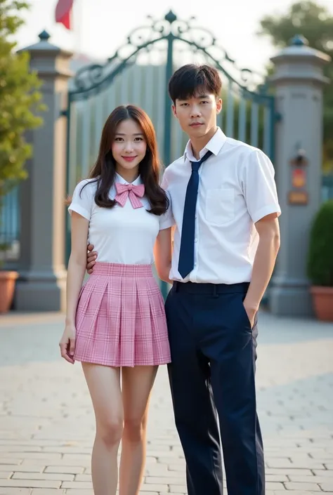 A photo of a Korean couple in their 20s taking a commemorative photo in front of the theme park entrance. Behind the back is the gate-like entrance to the theme park. The woman has a very excited face, and the man has a disapproving expression that relucta...