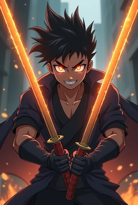 Anime 8k ultra hd warrior sowrd handsome dark skin toon boy in sanding position 
With golden rainbow glowing eye with cool 
Double sword with black warrior clothing 
With smile

