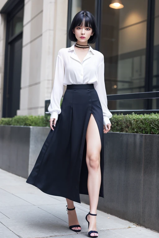 Black Hair,Bob with a Falling Front,White Thong,Heavy makeup,Cold Stare,blouse,Navy long slit skirt,Look down,cool,High heels