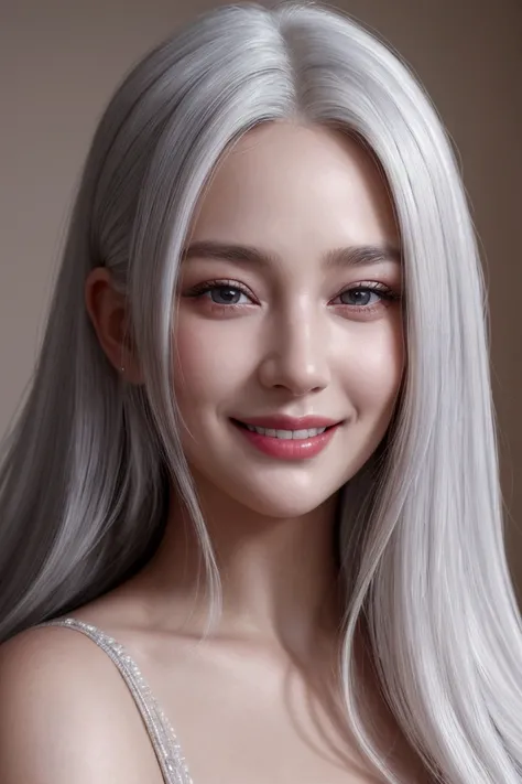 Realistic , photorealistic , masterpiece , best quality , super quality , ((ultra detailed)), extremely detailed , Raw Photo , 16k portrait , curvy , Sensational , Smile , Close-up of face , White hair , long hair