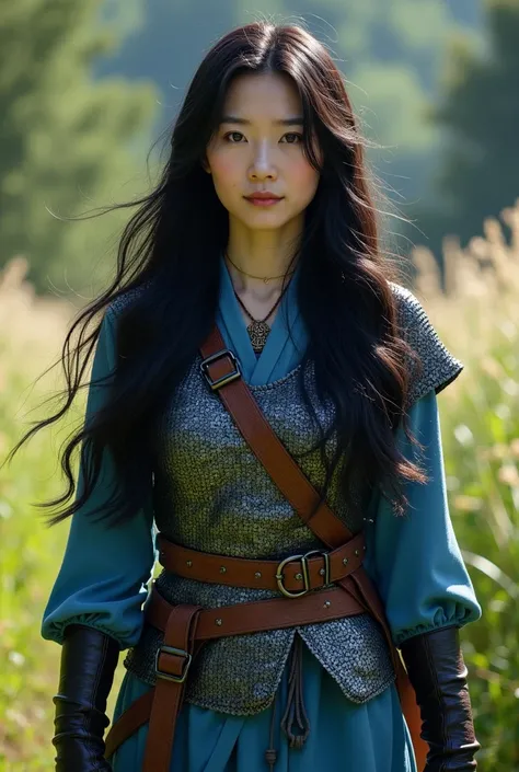 a beautiful detailed portrait of a mature korean woman with long flowing black hair, wearing blue adventuring clothes (medieval), frontal angle, 8k, highly detailed, realistic, cinematic lighting, warm color tones, masterpiece, Impressionism, Dungeons and ...