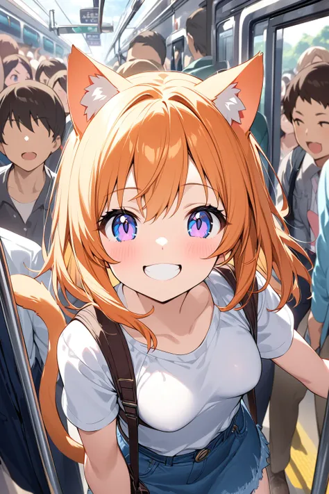 Young girl、Very cute、small、Firm breasts、Denim skirt、Orange Hair、Top quality backgrounds、Cheerful attitude、Cat ears and tail、An innocent smile、On the train、crowd、Crowded