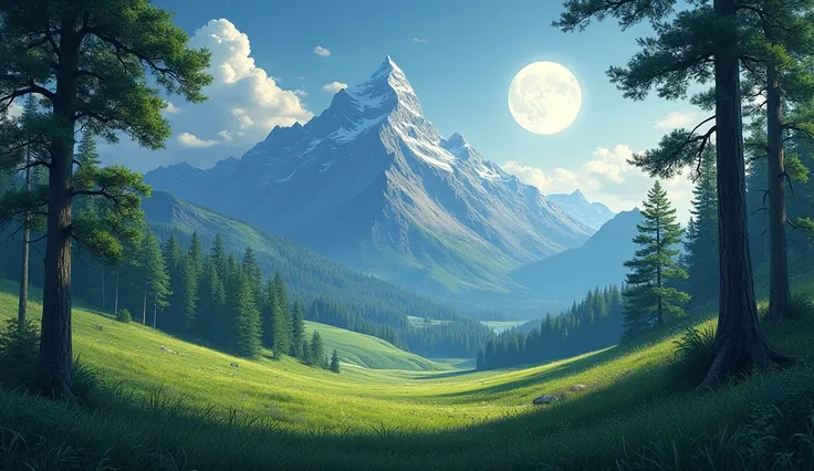 illustration, a completly drawing a mountain, grass, and trees and light moon with the shadowing perfectful