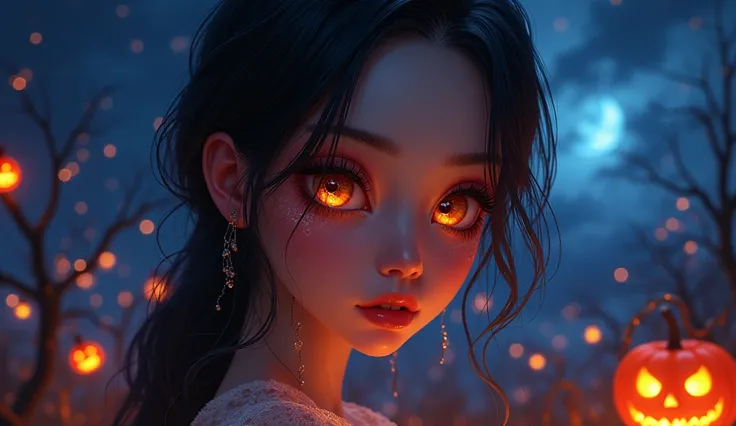 (Extremely detailed CG Unity 8k wallpaper),(masterpiece), (The best quality), (ultra detailed), (The best illustration),(The best shadow), (Sharp eyeliner, eye shadow, detailed eyes:1.1), (Hallowe&#39;en, night sky, Pumpkin Lantern, :1.1), ,BREAK, (vectorH...