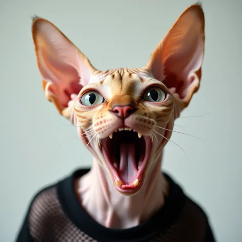 Create a highly realistic close-up image of a brown Sphynx cat’s face, leaning toward the camera. The cat has a shocking expression, with wide open eyes and an exaggerated open mouth, as if it’s surprised. It wears a black net shirt that adds a humorous to...