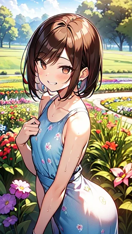 １People Girls、(Brown hair short cut)、Wet Hair、Beautiful brown hair、Keep your head small、Perfect Face、Shiny skin、Clear brown eyes、Slightly chubby、Small breasts、buttocks are small、(((Teasing Smile)))、
(Flower Field、Great outdoors、Flower Garden Scenery、She is...