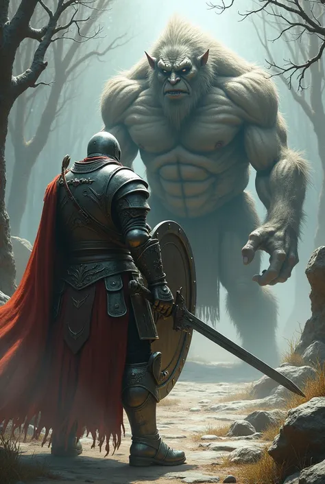 Create a realistic image of a brave hero facing a battle-ready troll. The troll is positioned in the background, facing forward, while the hero is shown from behind. The hero is equipped with a helmet, armor, a shield, and a sword. 