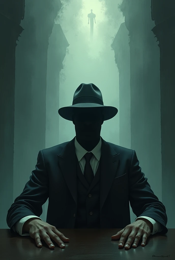 I need you to create an image for my digital book, a man finds himself in limbo, sitting, in front of a table, nessa mesa a um homem sitting, but he doesn&#39;t have your face, it&#39;s an empty hole, he wears a suit and a hat, do not show the protagonist&...