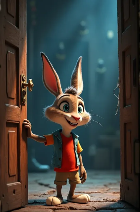 "The cute Rabbit character with a large, fluffy mane, wearing a red shirt Scene: The entrance of the haunted mansion.Chinttu stands at the creaky wooden door of the mansion. His hand trembles as he pushes the door open. He’s still in his light-blue shirt a...