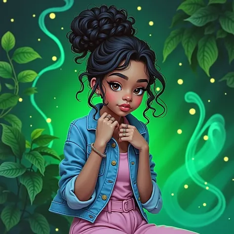 An 1 mixed race girl with coffee colored skin, curly hair, a bun, hair that falls down, pink top, pink skirt and denim jacket. Bagues au doigts chante assise. Green plants and lights in the background and smoke 