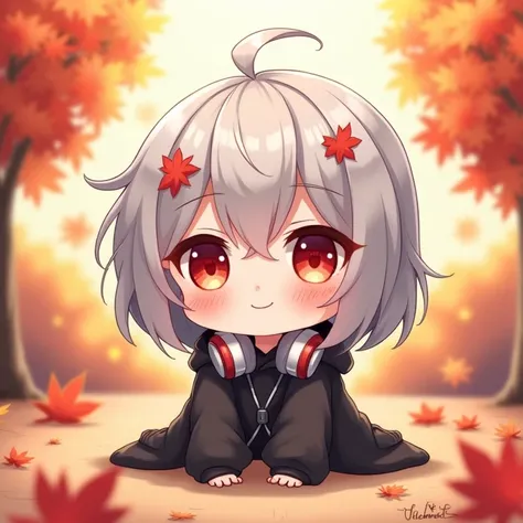 Chibi Character,High image quality,Facing forward,,Two Block,Silver hair with red mesh,Red eyes,Black hoodie,Headphones around the neck,cute,Fluffy atmosphere,I&#39;m sitting flat on the floor,Blushing, Look at, smile, Maple scenery