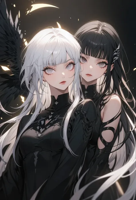 (best quality,very detailed,high resolution:1.2),fallen angel twin girls，heavy bangs，long eyelashes，cool look，the sister on the ...