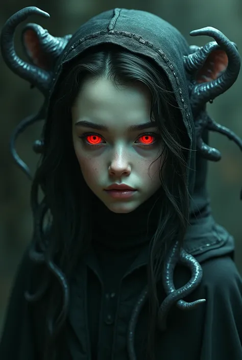 a girl with Cthulhu style, red eyes