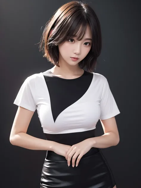 short hair, White T-shirt, black tight skirt with a U-neck, emphasizing the chest, long hair, black background, full body fat BODY 