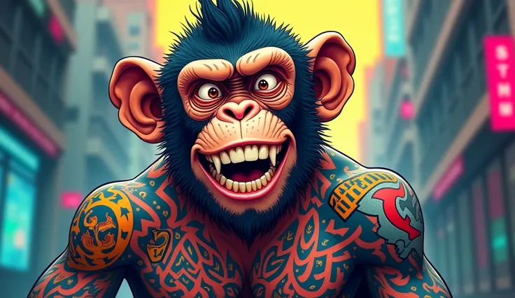 a graphic designer monkey with a crazy face and tattoos 