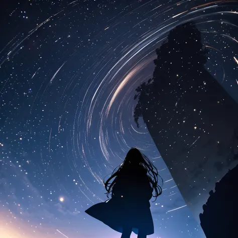 
Many stars twinkling in a beautiful bright winter night sky, long exposure starry sky with many circular orbits, silhouette of a young woman with long hair with her hands in her coat pockets looking up at it, photo taken from long distance, photo from bel...