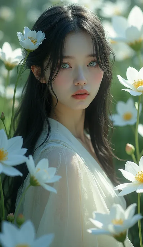 The girl is white with long black hair and white eyes and Among the white flowers 