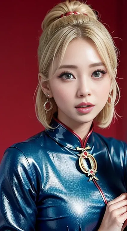 1 female, Beautiful Japanese actresses, Age 25, Double Eyes,Miles, Detailed face, Big earrings, Flashy makeup using red eyeshadow，Blonde delicate mid-cut hair，The ends of the hair are wavy，Classy hairstyle、Blue shiny cheongsam、Low angle beautiful thighs、Fi...