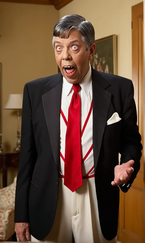 (Extreme complexity, multiple subjects) (subject 1:Jerry Lewis (age 30, formal suit, silly expression)), he is looking to the viewer and comically trying to escape (subject 2: several cute yuna vampires (pale, naughty ;ingerie, bog sharp teeth)), living ro...