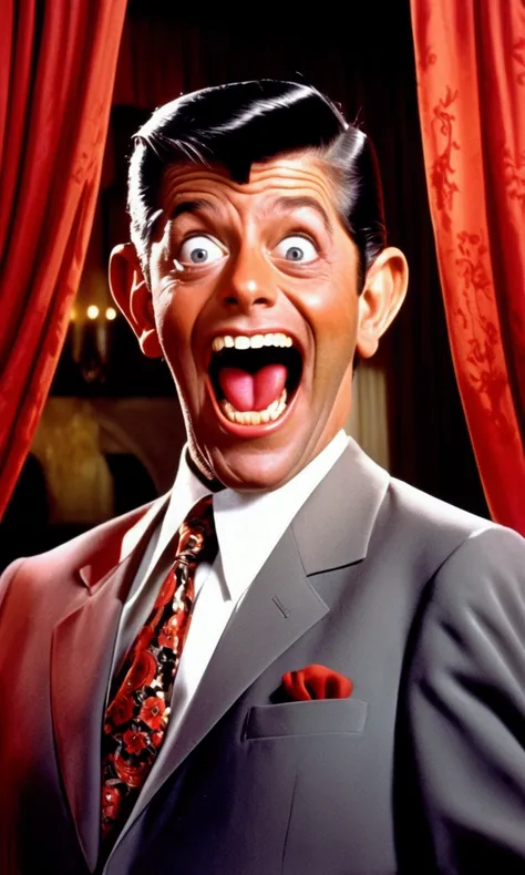 (Extreme complexity, multiple subjects) (subject 1:Jerry Lewis (age 30, formal suit, silly expression)), he is looking to the viewer and comically trying to escape (subject 2: several cute yuna vampires (pale, naughty ;ingerie, bog sharp teeth)), living ro...