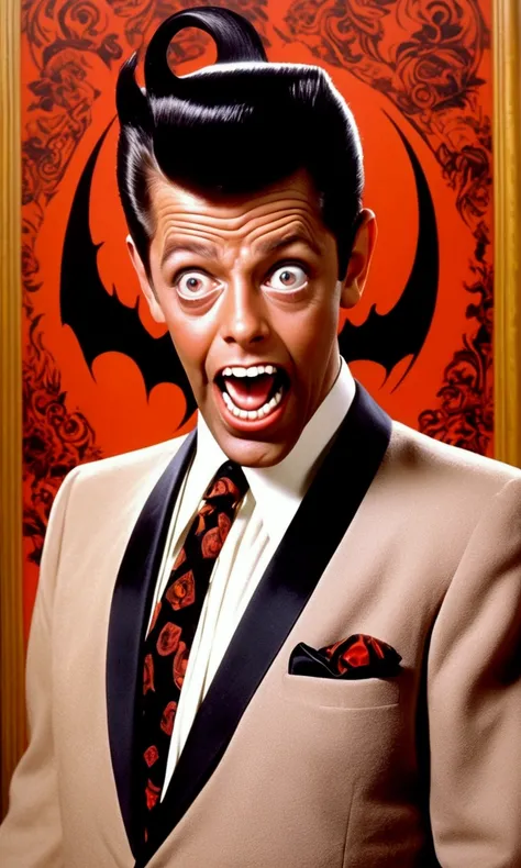 (Extreme complexity, multiple subjects) (subject 1:Jerry Lewis (age 30, formal suit, silly expression)), he is looking to the viewer and comically trying to escape (subject 2: several cute yuna vampires (pale, naughty ;ingerie, bog sharp teeth)), living ro...