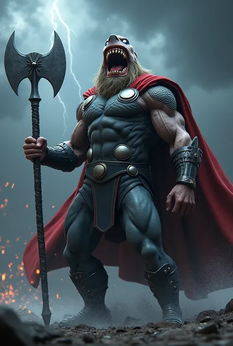 Generate an image combo of Marvels thor with meg Shark DNA with stormbeaker in his hand in 3D style and dangerous look 
