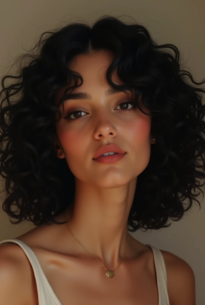 Light-skinned woman with shoulder-length black curly hair 
