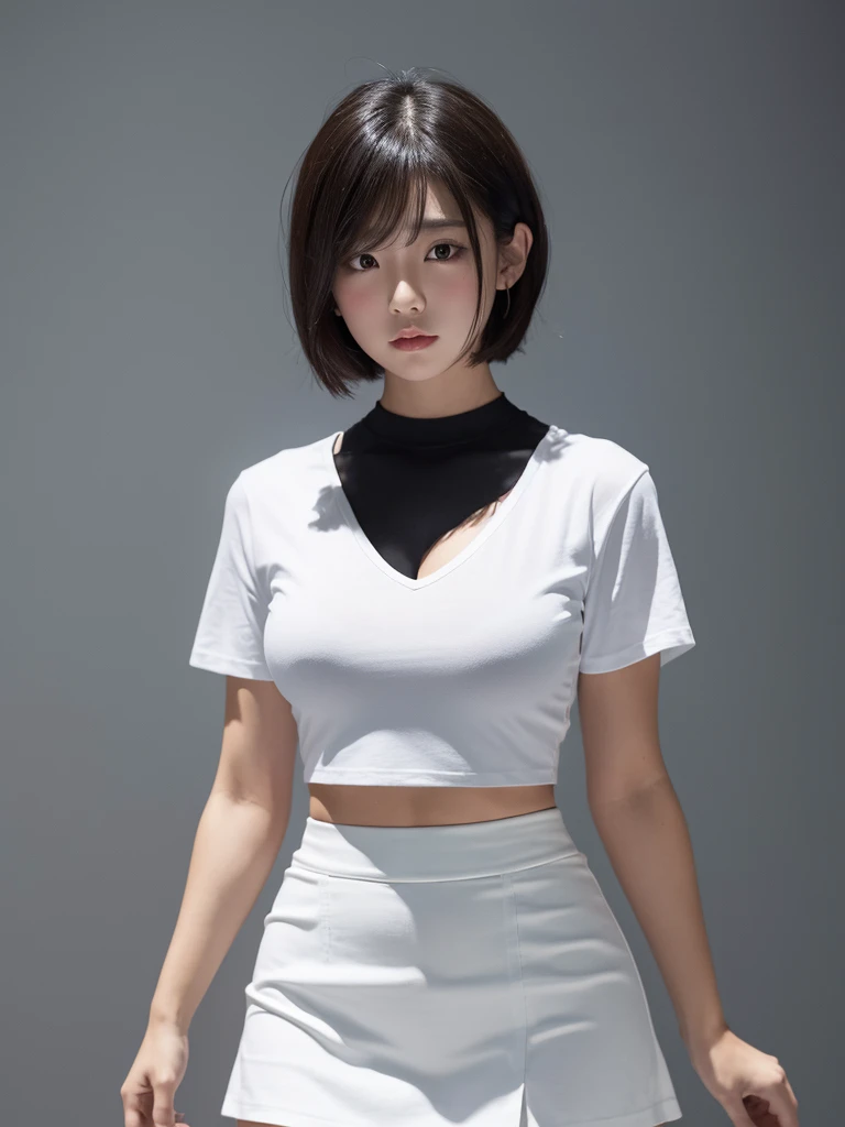 short hair, White T-shirt, black tight skirt with a U-neck, emphasizing the chest, long hair, black background, full body fat BODY 