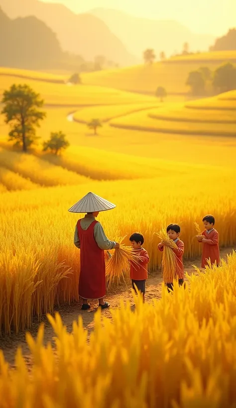 The background of this painting is a huge golden rice field，A harvester is harvesting rice in a rice field。There are several children holding rice on the ground，Bright as main color，From the sky，Bird&#39;s eye view miniature landscape，Clay texture，Mini Fig...