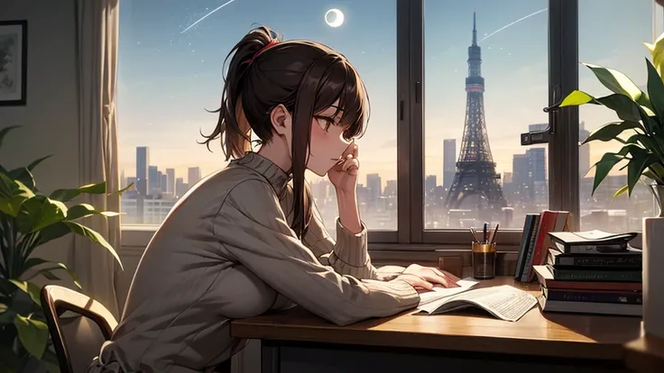 Anime Style、「In a room bathed in warm light、Cozy scene with young woman studying at desk。She wears big headphones、I am concentrating on my studies、Her short brown hair was tied in a ponytail、Wearing a warm grey sweater。On the desk、Scissors and books、Plants...