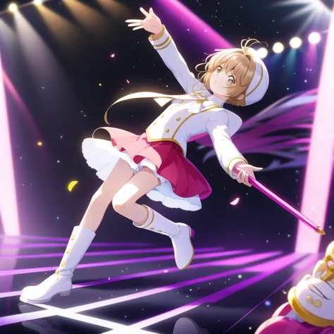 hightquality, best-quality, ​masterpiece, absurderes, Yu Suzumura, Idol, 1girl in, Alone, ABOUT_stage, stage_lights, Light_Particle,,Big rocking, pink panty,panchira,Shiny Costumes.White boots