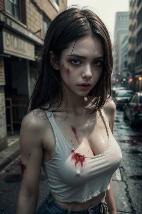 Short white t-shirt, Smeared with blood, Small  underneath a mini t-shirt, blood dripping down, zombies chasing her, zombies running after her, face smeared with blood, blood on her clothes, Small  in a torn blood stained white blouse, blood-stained clothe...