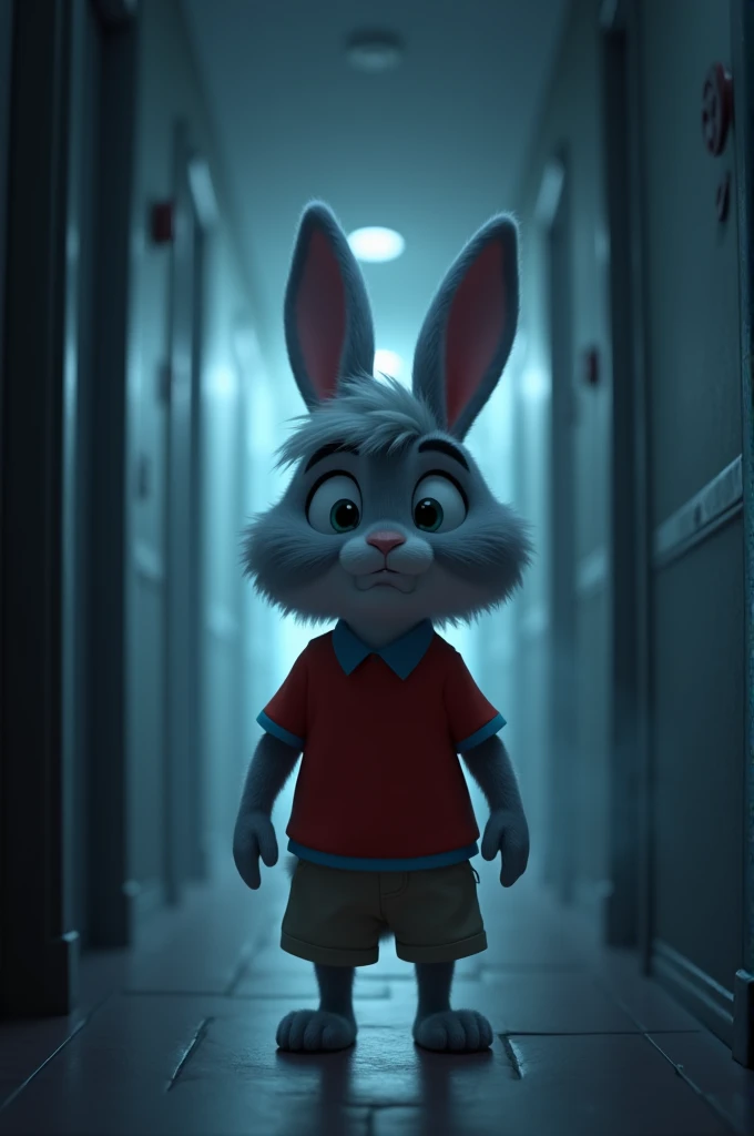 "The cute Rabbit character with a large, fluffy mane, wearing a red shirt" Scene: Chinttu feels a cold breath near his neck.Chinttu suddenly stops, his body stiffening. He’s still wearing his light-blue shirt and khaki shorts. The camera focuses on his nec...