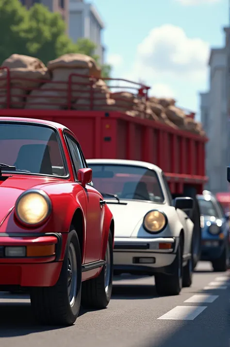 A red car is parked behind a white car. A big red truck is passing in front of them carrying goods.