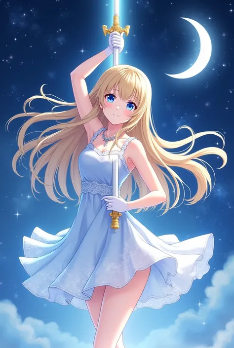 blonde long hair anime girl，White Gloves，short skirt dress，Night sky，holy sword