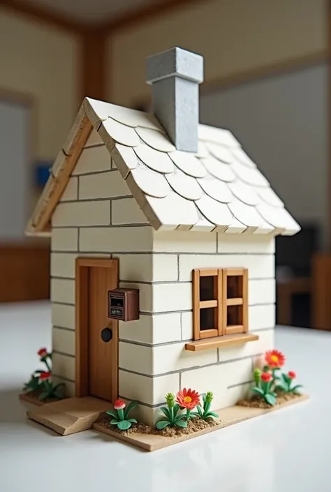 Step by step construction of a Minimundo house with recycled material, cream color with gray wear showing bricks. Only one floor, a window with wooden leaves, without chimney.Small flowers in front of the entrance, flanked by the mailboxcracks, roof made i...