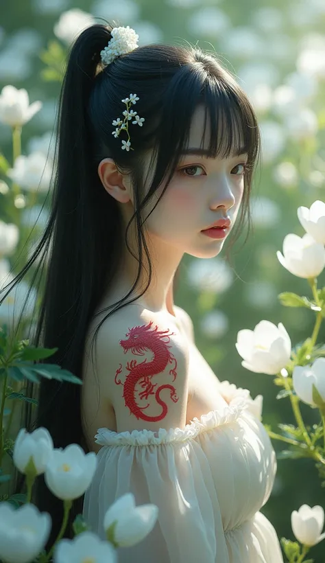 The girl is white with long black hair and white eyes and Among the white flowers He had a red dragon tattoo on his neck, delicately drawn