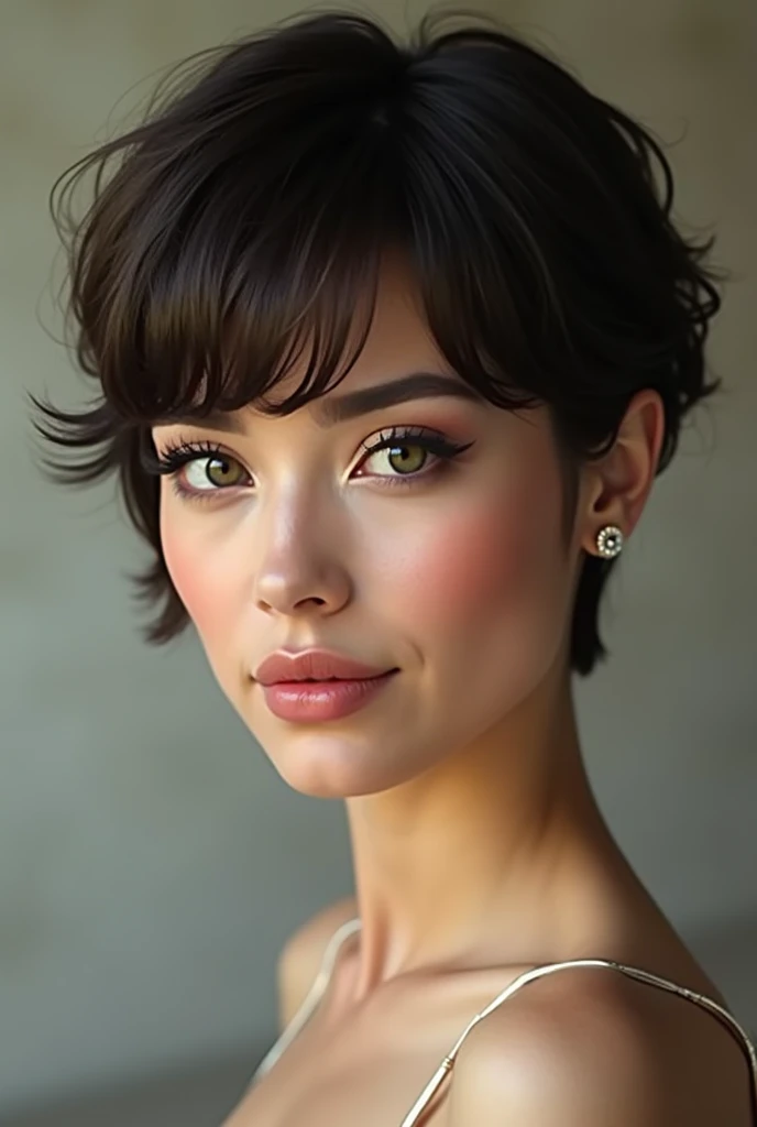 make a beautiful woman   and short hair with bangs  make up 