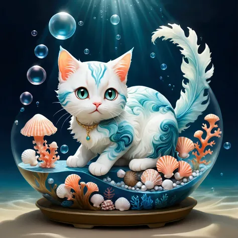 (a cute cat genie with a translucent blue body, resembling flowing water, floats gracefully in the air. small seashells and cora...