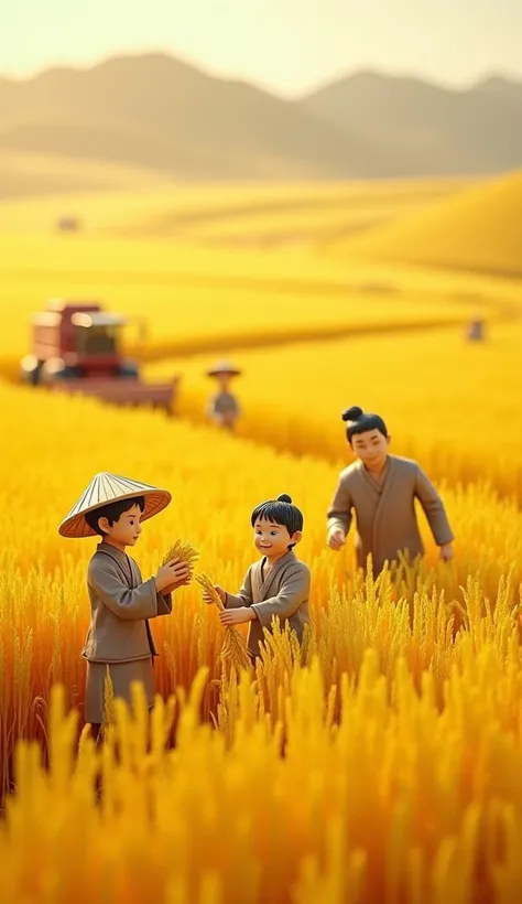 Miniature Landscape，Clay Figures，The background of this painting is a huge golden rice field，A harvester is harvesting rice in a rice field。There are several children holding rice on the ground，Bright as main color，From the sky，鸟瞰图Miniature Landscape，Clay ...