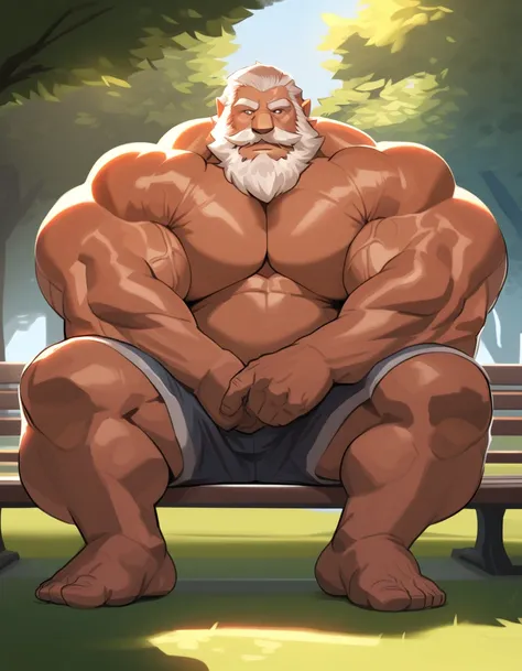 bara old man, strong physique, perfect anatomy, masterpiece, white beard, wrinkles skinned, sitting, solo, great lighting, short...